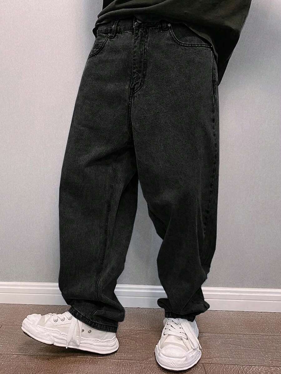 QuarKem Jeans De Mezclilla Sueltos De Color Sólido Para Hombres Con Bolsillos Inclinados - Gris Claro - Ver 1