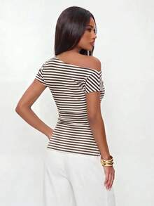 Avantive Women's Asymmetrical Shoulder Striped Casual Versatile Daily Wear Top - Coffee Brown - View 5