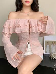 Joudiya 女款優雅粉色雪紡露肩長袖上衣，附荷葉邊飾，適合夏季婚禮、宴會、派對及正式場合外出的上衣 - 粉色 - 查看 6