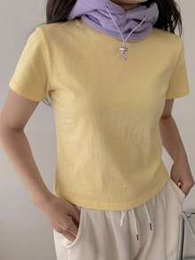 DAZY Camiseta de manga corta de unicolor versátil y casual de verano - Amarillo - Ver 3