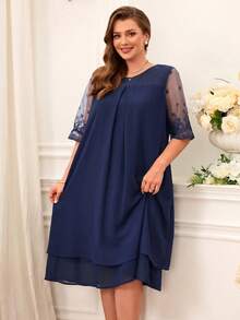 Miaspire Robe grande taille en dentelle patchwork col rond simple décontractée élégante tenue d'été pour femmes robe modeste pour femmes robe d'invitée de mariage femme dentelle mousseline - Bleu marine - Voir 6