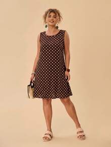 Travachic Women's Plus Size Casual 1950s Vintage Minimalist Versatile Polka Dot Pattern Round Neck Sleeveless Dress, Suitable For Summer Vacation - Brown - View 5