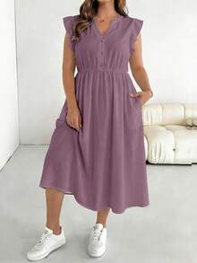 SHEIN Essnce Plus Size Solid Color Button Pleated Pocket Dress For Vacation - Multicolor - View 5