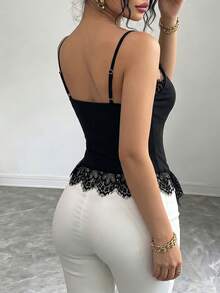 Elenzga Sexy Contrast Lace Trim V-Neck Camisole, Flirty Sexy Slim Fit Body-Flattering Tank Top Night Out Date Night Black Summer - Black - View 3