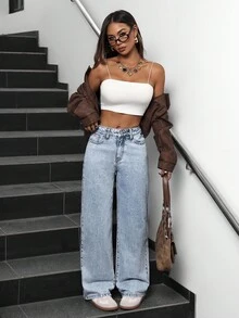 SHEIN PETITE 女款時尚百搭水洗斜口袋寬鬆寬腿男友風牛仔長褲，適合嬌小女性 - 藍色 - 查看 5