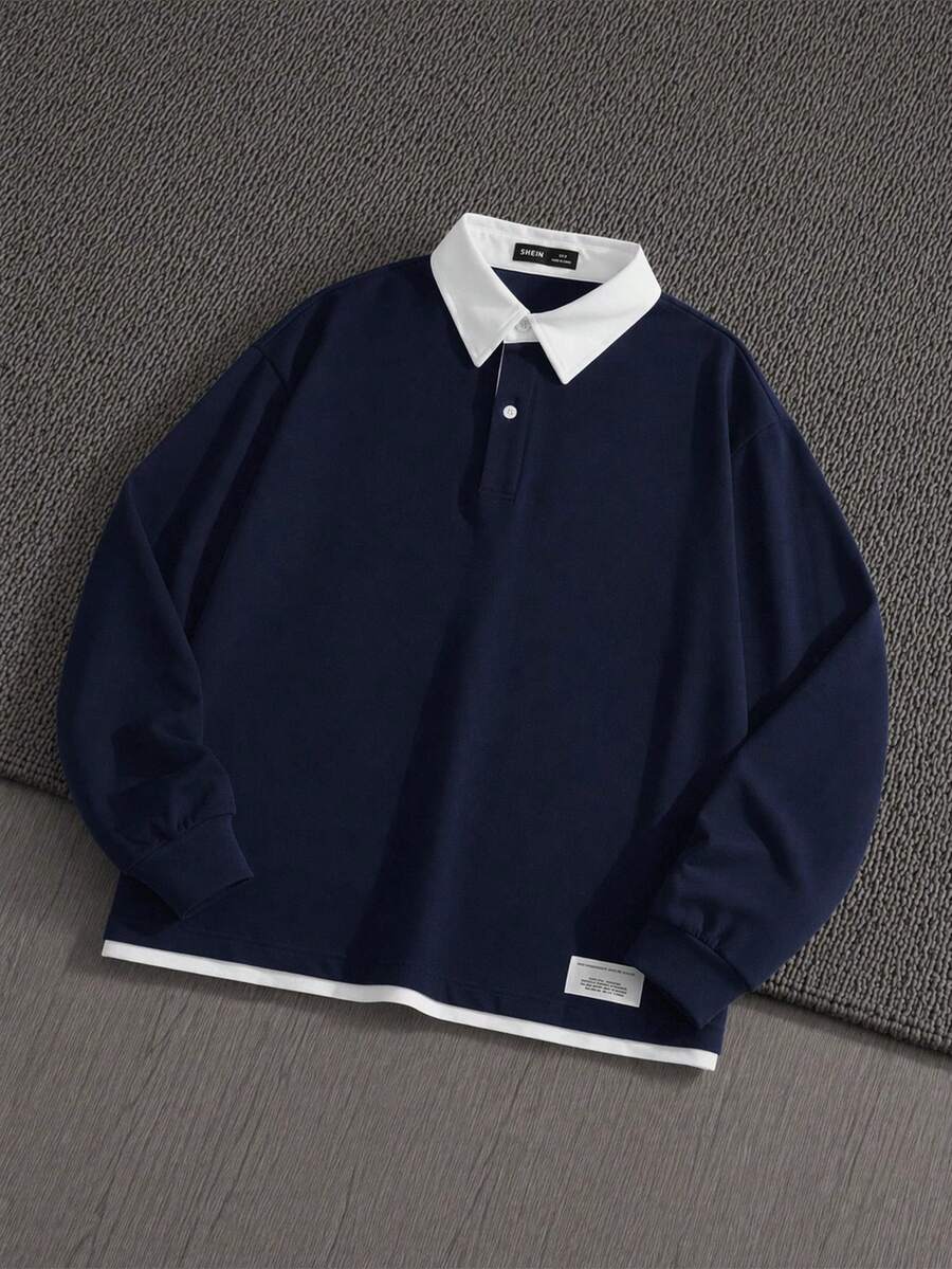 Manfinity VCAY Áo thun polo nam 2 trong 1 họa tiết vá chữ, mùa thu, đồ đôi, áo dài tay - Xanh và trắng - Xem 1