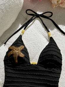 Bonvoyette 2026 Neues Damen Sommer Strandparty Urlaub Zweiteiler Bikini Set, spezieller gestreifter strukturierter Stoff, Spaghettiträger, Perlen Hohldesign Dreieck Top - Schwarz - Übersicht 8