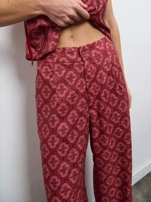 Nöista 夏季時尚復古滿版印花掛脖上衣與長褲套裝 - 紅色 - 查看 8