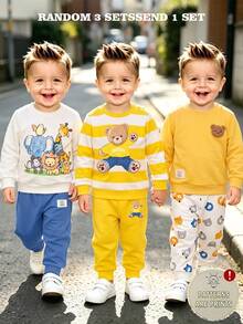 SHEIN 1 Random Set,Boys Yellow White Blue Striped Bear Animal Print Long Sleeve Shirts Sets Back To School Loose Ribbed Cuffs Sweatshirts Tops Pant - Multicolor - View 1