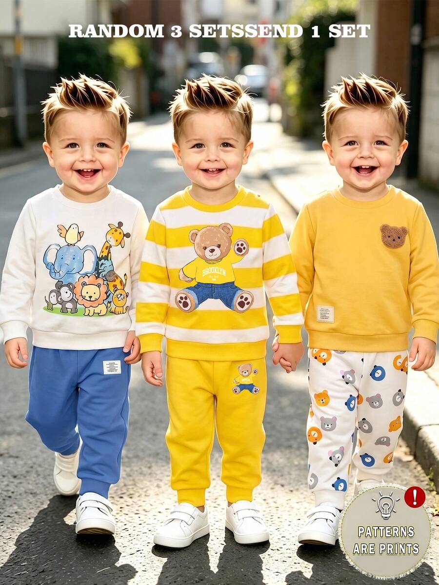 SHEIN 1 Random Set,Boys Yellow White Blue Striped Bear Animal Print Long Sleeve Shirts Sets Back To School Loose Ribbed Cuffs Sweatshirts Tops Pant - Multicolor - View 1