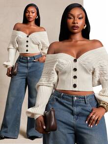 Radiana Curve Plus Size Women's Autumn/Winter Elegant Casual Traditional Cropped Drop Shoulder Gigot Sleeve Cardigan Sweater Wedding Morning Date Night White Fall - Apricot - View 2