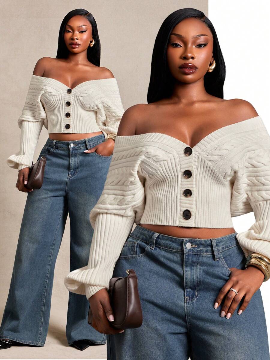 Radiana Curve Plus Size Women's Autumn/Winter Elegant Casual Traditional Cropped Drop Shoulder Gigot Sleeve Cardigan Sweater Wedding Morning Date Night White Fall