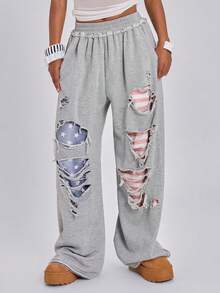 ROMWE Spring/Summer Y2K Hot Girl Street Music Festival Sports Festival Distressed Patchwork American Flag Print Loose Wide Leg Low Waist Sweatpants Long - Grey - View 4