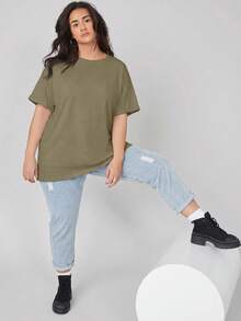 SHEIN BASICS 大尺碼落肩素色T恤女款夏季上衣夏季穿搭 - 軍綠色 - 查看 1