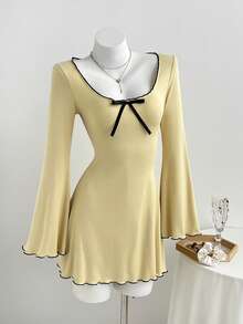 Elamini Soft Pure Sweet Contrast Color Ruffle Bow Tight Elastic Flared Long Sleeve Mini Dress - Light Yellow - View 6