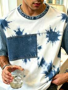 Manfinity Dauomo Men's Fashionable Casual Drop-Shoulder Crew Neck Printed T-Shirt, Faux Denim T-Shirt, Tie-Dye T-Shir - Multicolor - View 5