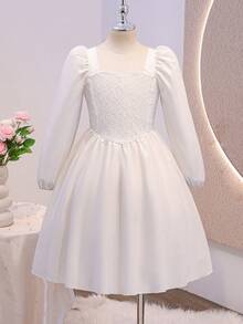 White Lace Trim Square Neck A-Line Skirt, Waist-Cinching Short Style, Bridesmaid / Light Wedding / Casual Date - White - View 5
