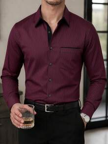 Calvornis Men's Fashionable Business Casual Printed Stripe Long Sleeve Shirt, For Fall, Formal - Burgundy - View 1