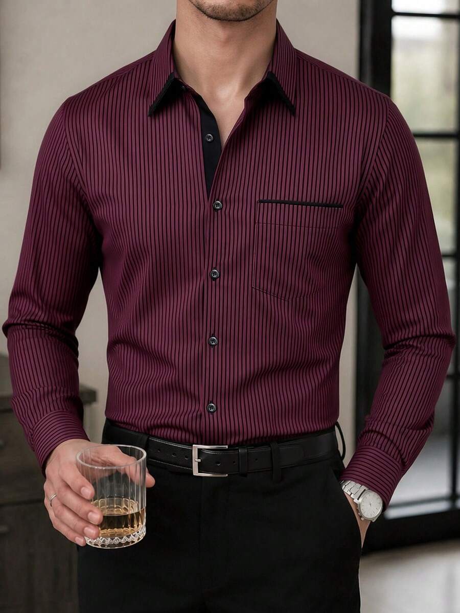 Calvornis Men's Fashionable Business Casual Printed Stripe Long Sleeve Shirt, For Fall, Formal - Burgundy - View 1
