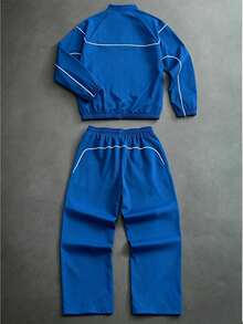 PAVTROS Conjunto de chaqueta y pantalones con ribete de contraste para hombre - azul real - Ver 2