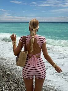 Soleia New Knit Striped Casual Hollow Back Square Neck Jumpsuit, Vacation, Music Festival, Bohemian, Cruise, Beach, Summer Outfit, Daily Wear - Multicolor - View 3