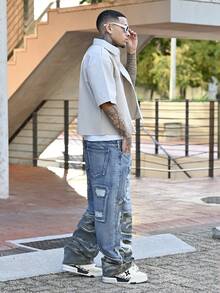 Devon Thys Manfinity Streetrush Men's Camouflage Denim Jeans, Fashion For Summer Street Wear Jeans Hang Out Street College Sport - Multicolor - View 3