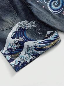ROMWE MEN Anime Men's Distressed Washed Vintage Denim Shorts, Koi Cherry Blossom Wave Embroidery, Wide Leg Straight Knee-Length Shorts, Y2K Summer Retro Street Hip-Hop Style - Blue - View 5