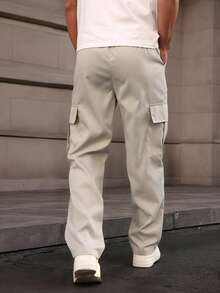 Manfinity Homme Men's Solid Color Drawstring Waist Cargo Pocket Pants, Fall - Light Grey - View 2