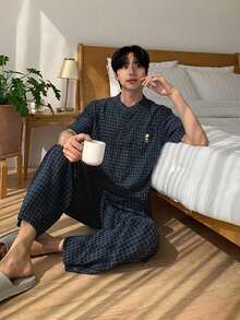 DAZY 男士純色亨利領紋理面料家居服套裝，夏季睡衣 - 藏蓝色 - 查看 5