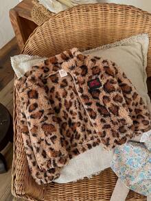 SHEIN LMoss Kids LMoss 女嬰可愛休閒毛絨立領夾克豹紋棕色冬季保暖舒適蓬鬆百搭街頭風秋季外套拉鍊式 - 彩色 - 查看 3