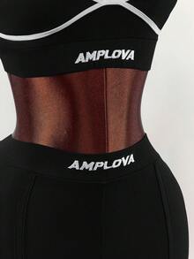 Amplova 女士两件套黑白夏季街头风运动装，撞色滚边圆领露脐吊带背心和字母印花紧身短裤，Y2K度假风 - 黑色 - 查看 6
