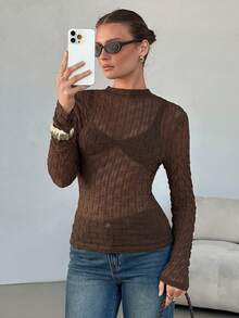 Levarali Women's Solid Color Stand Collar Slim Fit Versatile Daily Wear Top - Brown - View 4