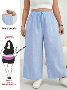 SHEIN CURVE+ Curve Size US22音樂節、海邊度假、波希米亞休閒純色寬鬆長褲，夏季/鄉村/海灘度假穿搭/海灘穿搭/海灘服飾 - 藍白色 - 查看 1
