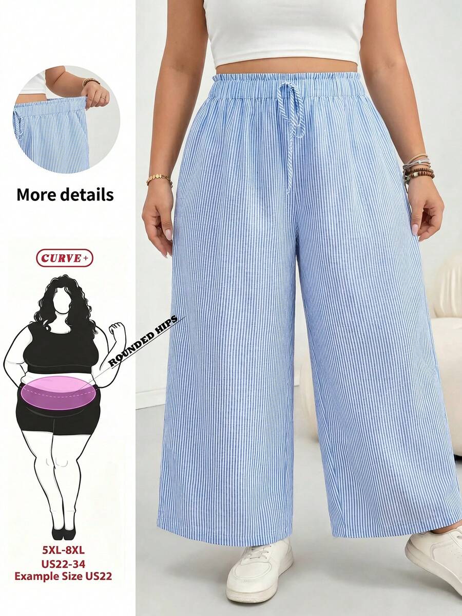 SHEIN CURVE+ Curve Size US22音樂節、海邊度假、波希米亞休閒純色寬鬆長褲,夏季/鄉村/海灘度假穿搭/海灘穿搭/海灘服飾 - 藍白色 - 查看 1