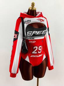 Amplova Motorcycle Style Long Sleeve Fitted Bodycon Bodysuit With Spaghetti Straps And Hoodie Sweatshirt Ribbed Long Sleeve Fitted Women's 2-Piece Set - Red - View 6