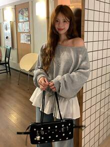 DAZY Women's Korean Style Asymmetrical Shoulder Long Sleeve Sweatshirt School Cute Tops - Grey - View 1