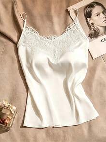 SHEIN Franclia 女士白色蕾丝吊带背心，醋酸纤维缎面西装外套设计，性感高端时尚夏季背心 - 白色 - 查看 1