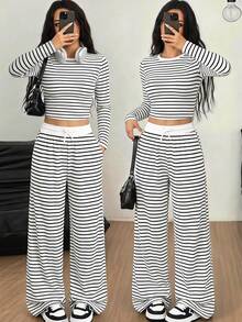 SHEIN 青少年女孩 T-Shirt 套裝 黑白條紋拼接圓領長袖上衣與長褲 - 黑與白 - 查看 3