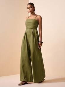 Zivah Women Olive Green Summer Casual Vacation Holiday Jumpsuit, Spaghetti Strap Front Ruched Real Pockets Loose Wide Leg Pants, Vertical Texture Fabric - Army Green - View 6