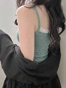 DAZY 女款碎花網紗蕾絲細肩帶背心上衣 - 綠色 - 查看 2