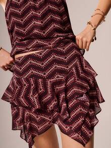 Willow Rêve Women's Brown Geometric Pattern Double Layer Chiffon Flirty Mini Skirt, Boho Style, Valentine's Day Style, Romantic Vacation Style, Travel,Skirt - Red - View 4