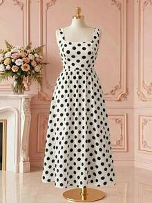 Rometta Vestido vintage de mujer talla grande de verano, nuevo, de gasa, con lunares blanco y negro, cuello cuadrado y cintura con cordón, que estiliza la figura. Adecuado para el uso diario, citas, compras, vacaciones/viajes, playa - Blanco y Negro - Ver 4