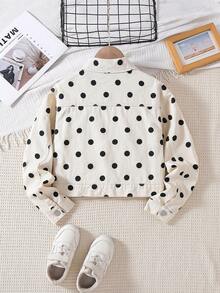 Elladie kids 女童牛仔夾克外套，春/秋季新品，Y2K風格，復古牛仔米色配黑色波點印花，經典牛仔領搭配金屬鈕扣與雙翻蓋口袋設計，修身寬鬆版型，柔軟舒適面料，百搭時尚風格，適合日常穿著、購物、旅行、校園、戶外等多種場合 - 白色 - 查看 3