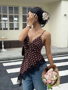 Serisse Women's Brown And White Polka Dot Contrast Lace Asymmetric Hem Cami Tank Top Night Out Sexy Summer Formal Business Chic Back To School - Brown - View 10