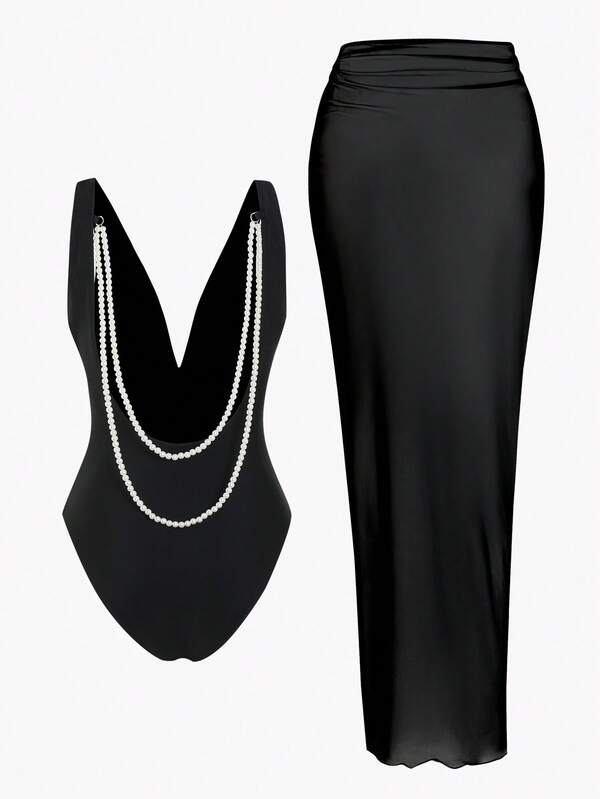 Swim Oasis Summer New Women's Bikini Swimsuit Set Beach Vacation One-Piece Chain Pearl Sexy Backless Elegant High-End Skirt Swimwear