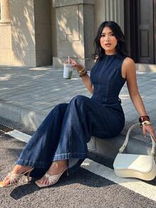 SHEIN PETITE 女款夏季休閒綁帶露背牛仔連身褲，適合嬌小女性 - 深色水洗藍 - 查看 5