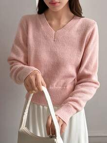 DAZY Women's Solid Color Fitted Short Long Sleeve V-Neck Casual Vacation Spring/Autumn Pullover Knit Sweater - Pink - View 5