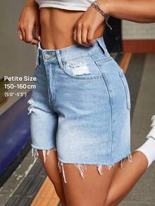 SHEIN PETITE Women's Casual Denim Shorts With Ripped Detail, Frayed Hem And Pockets ,Petite Women - Light Wash - View 6