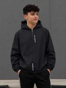 SHEIN 青少年男孩休閒字母圖案印花連帽夾克，輕量寬鬆版型拉鍊連帽外套 - 黑色 - 查看 3