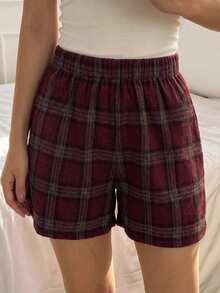 DAZY Loose Plaid Short Pajama Pants, Women Summer Sleepwear Bottom - Burgundy - View 5